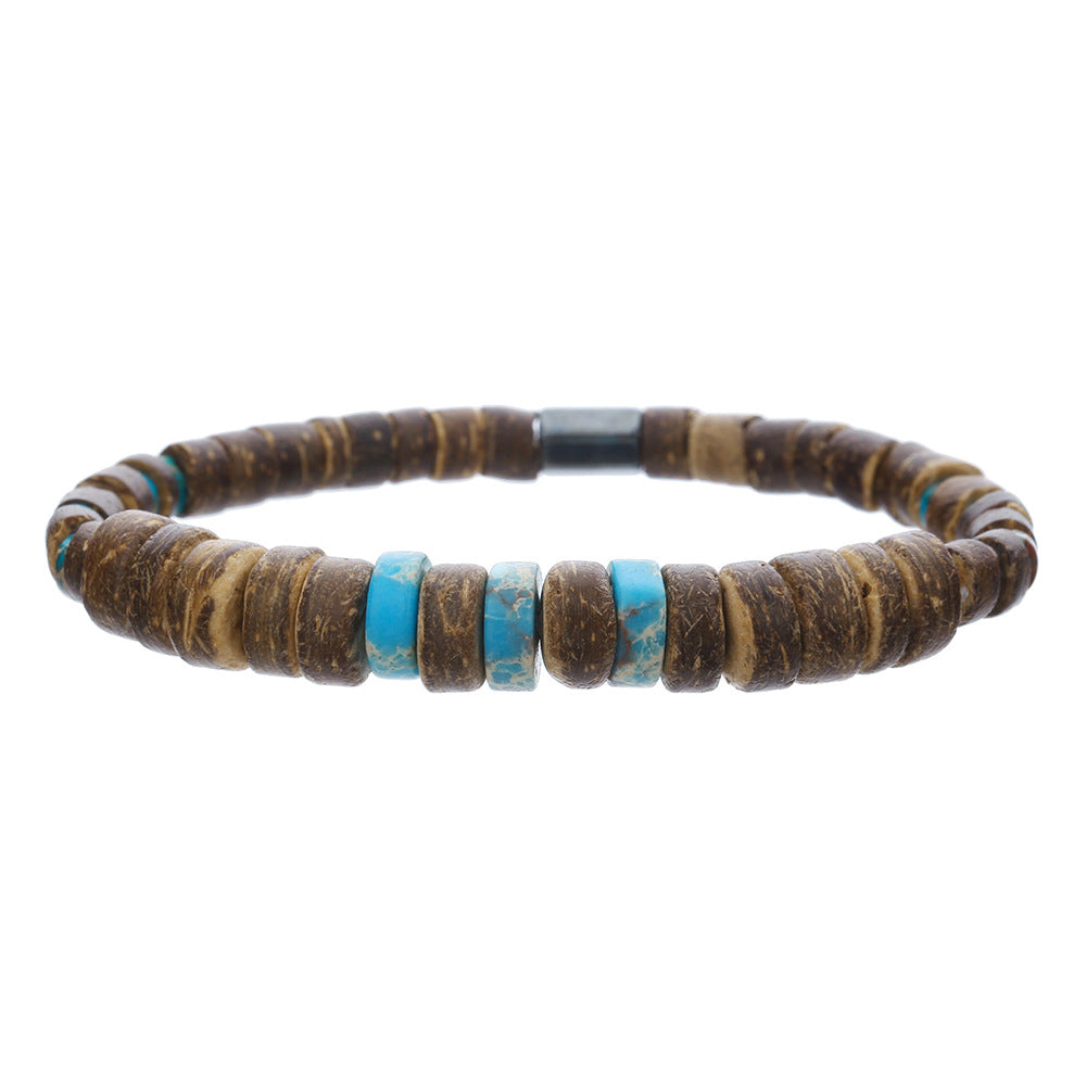Bohemian Ethnic Geometric Wood Turquoise Beaded Stretch Bracelet for Men and Women