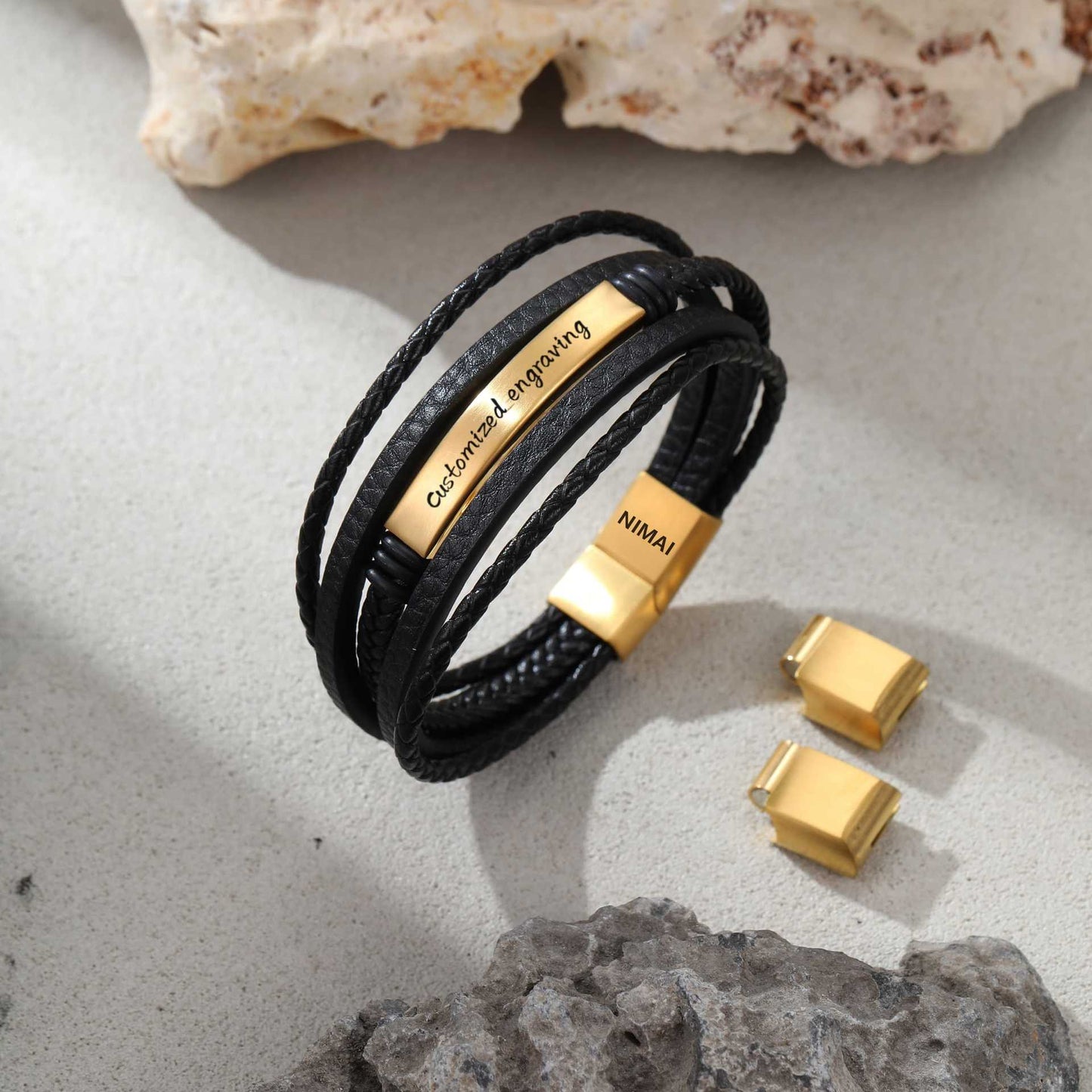 Fashion Business 18K Gold Plated Geometric Stainless Steel Leather Bracelet Charm Bar