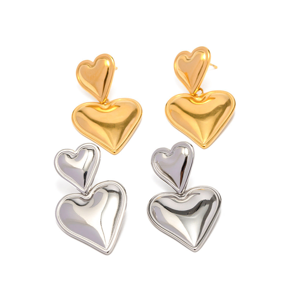 Pendientes de doble corazón de acero inoxidable chapado en oro de 18 quilates de estilo INS a la moda para mujer