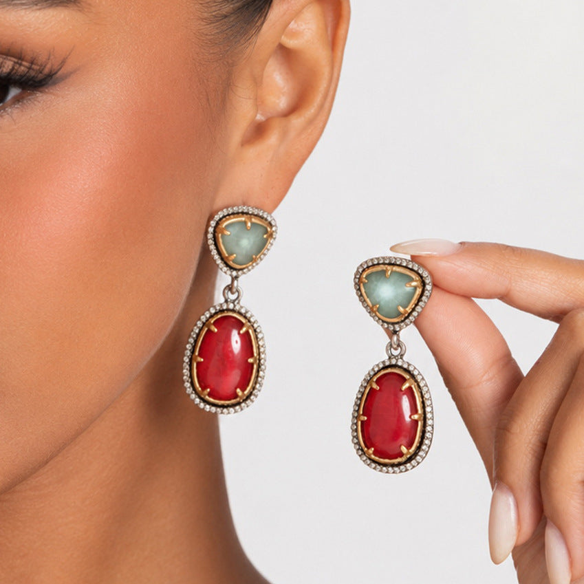 Vintage Geometric Teardrop Rhinestone Inlaid Resin Plated Zinc Alloy Earrings for Women