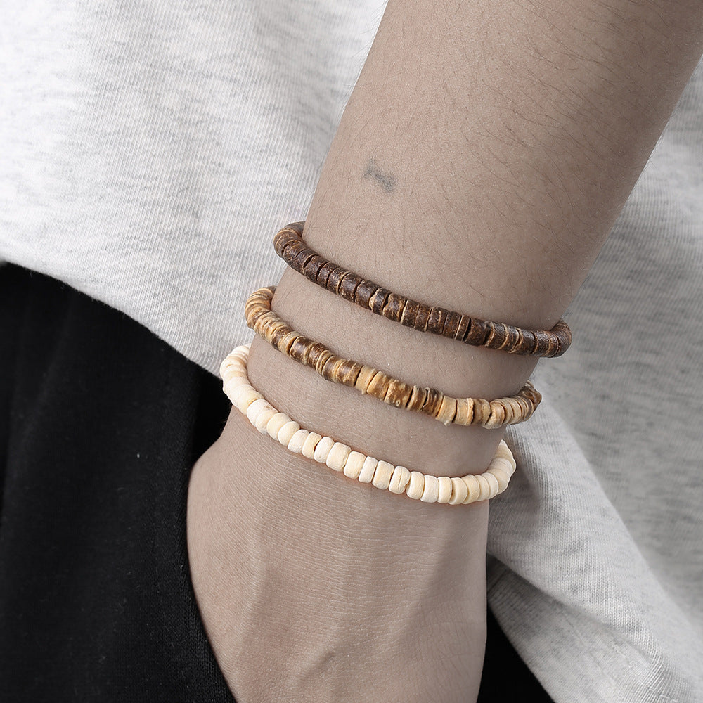 Multicolor Wood Bead and Coconut Shell Bracelet Handmade Geometric Unisex