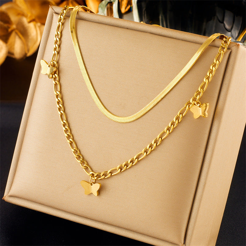 Vintage-Inspired Butterfly Pendant Necklace with Rhinestone Inlay on Stainless Steel Chain for Women