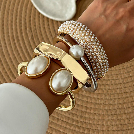 Casual Two-Tone Plated Alloy Oval Pearl Open Cuff Bracelet Set