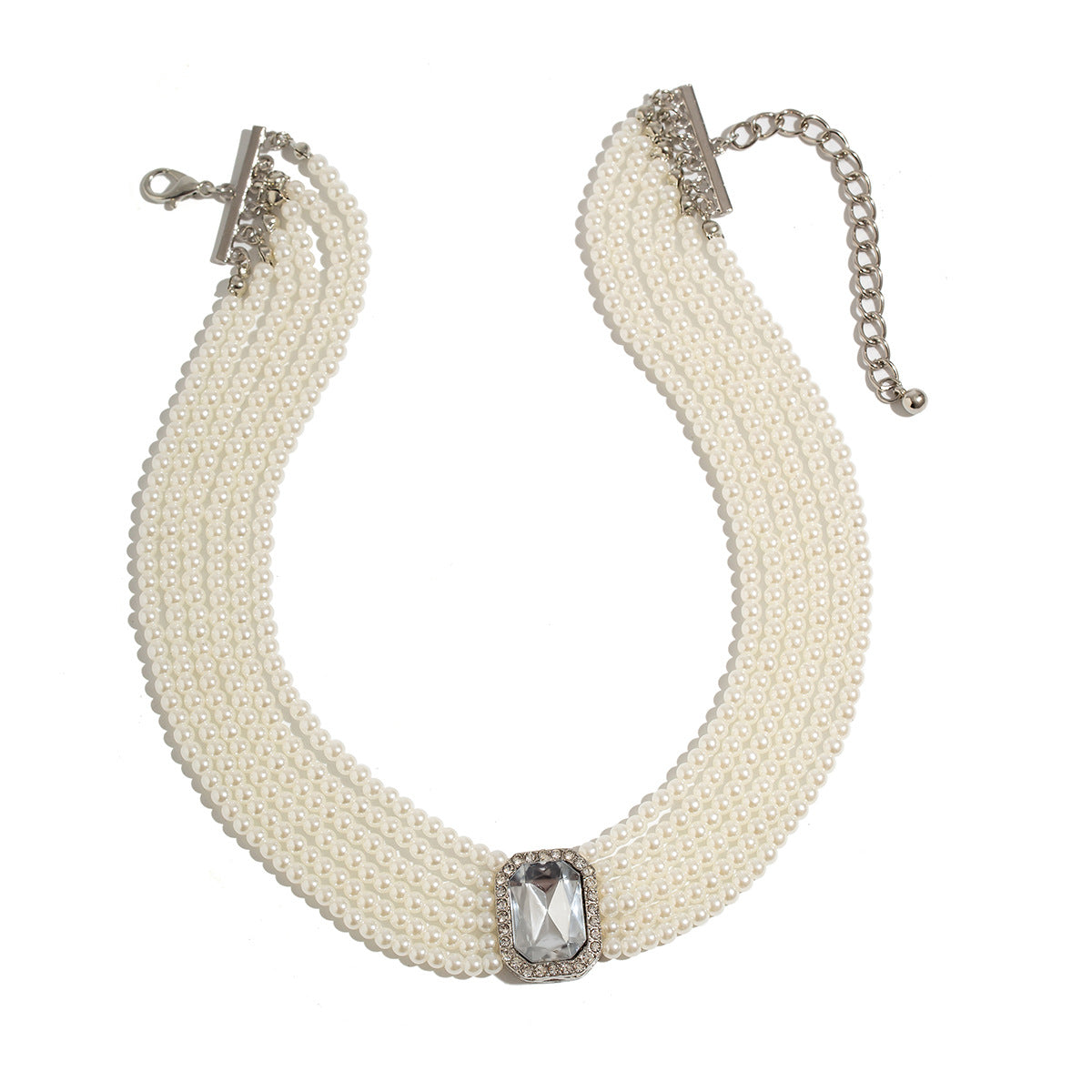 Vintage Elegant Geometric Alloy Necklace with Faux Pearl and Rhinestone Inlay, Multi-Layer Plated Chain for Women