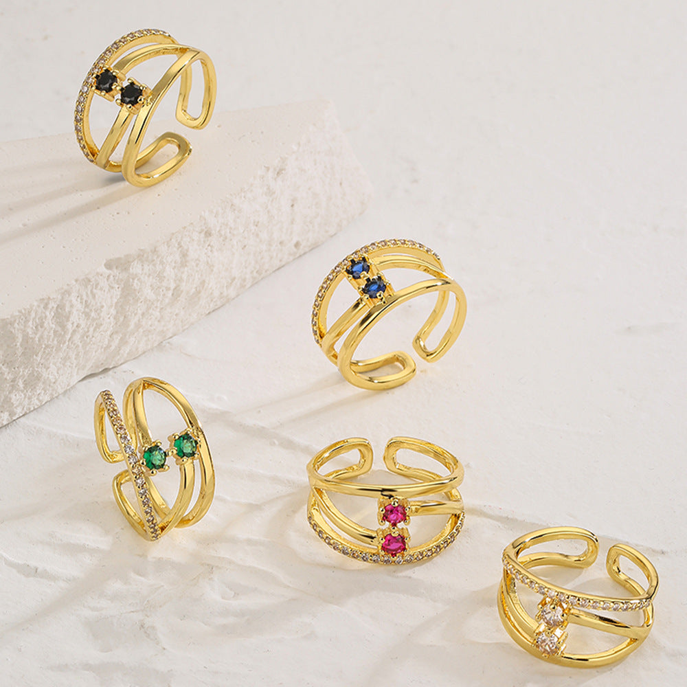 Minimalist Geometric Hollow-Out Zirconia-Set Copper Ring for Women with Irregular Design and Premium Finish