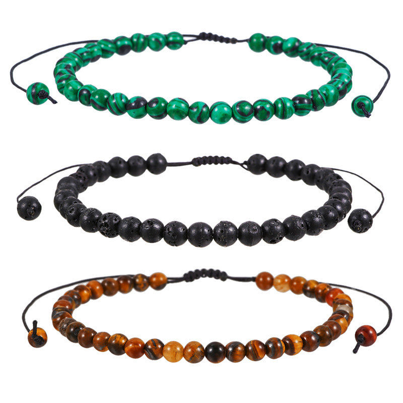 Handmade Geometric Round Tiger Eye Volcanic Stone Hematite Braided Bracelet for Men and Women