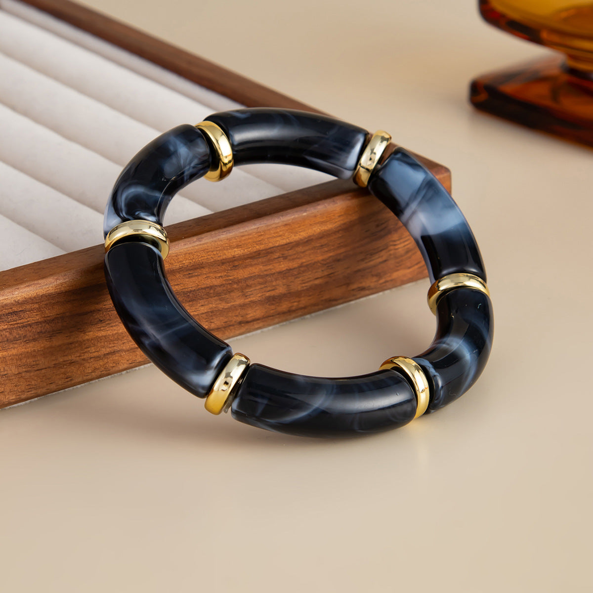 Vintage Geometric Marble Texture Leopard Print Acrylic Elastic Bracelet for Women