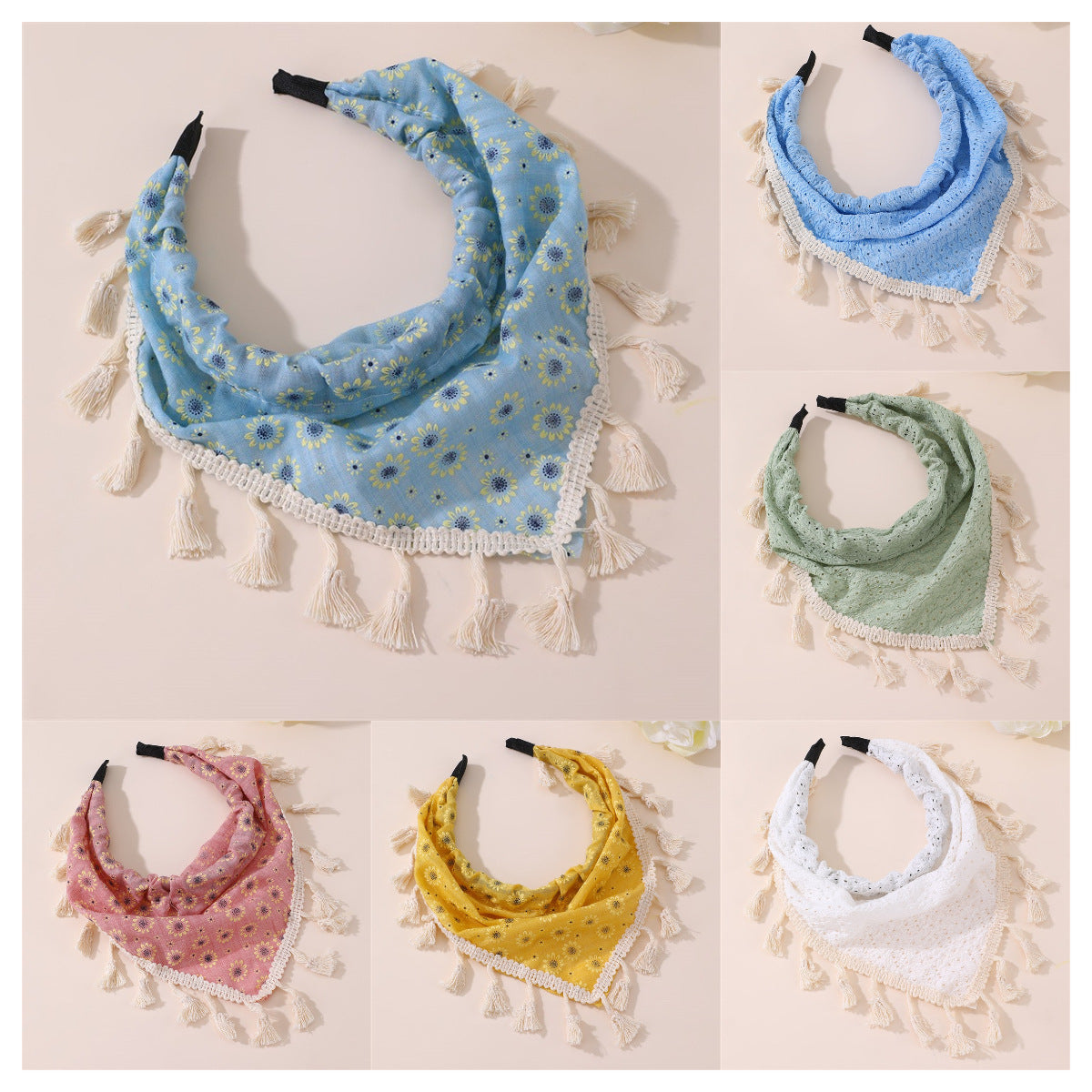 Diadema infantil con estampado floral bohemio con borlas y ribete de encaje en tela