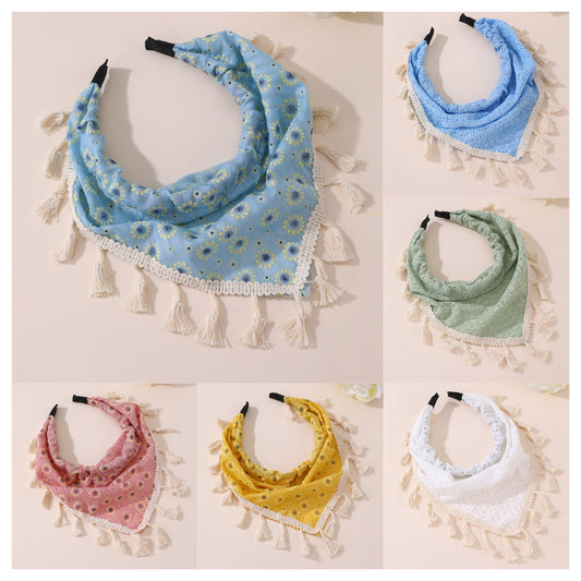Bohemian Floral Print Hairband for Kids with Tassels and Lace Trim in Fabric Material