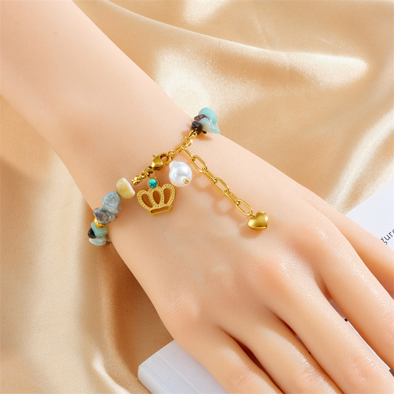 Colorful Natural Stone Turquoise Resin Drip Oil Crown Heart Elephant Star Stainless Steel Bracelet for Women