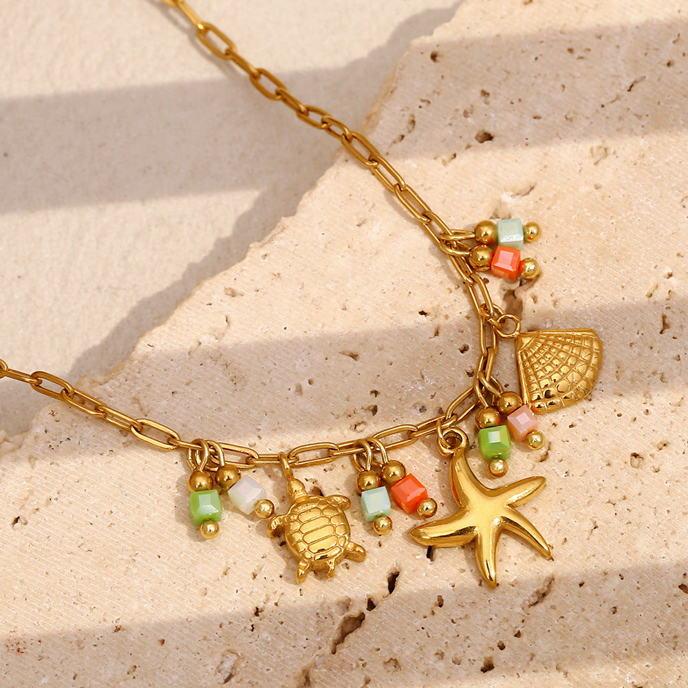 Minimalist Geometric Stainless Steel Plated 18K Gold Beach-Themed Ocean Pendant Necklace for Women with Shell Inlay