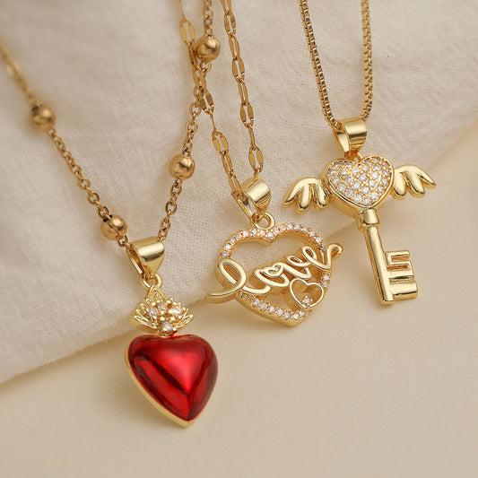Minimalist Heart-Shaped Copper Pendant Necklace with Zircon Inlay for Women