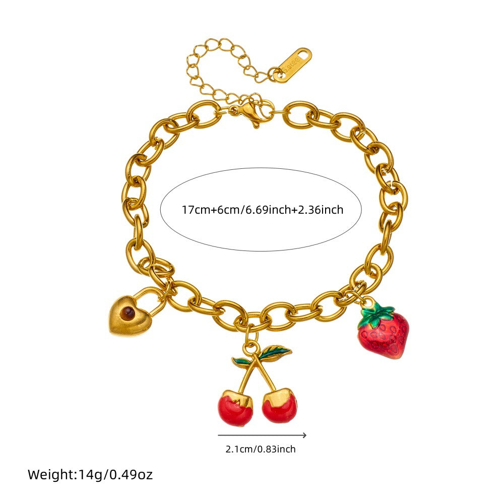 Bracciale da donna con ciondolo a lucchetto a cuore in ciliegio, stile dolce foresta, in acciaio inossidabile placcato oro, gioielli estivi
