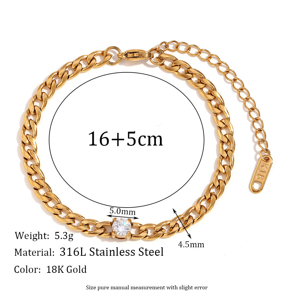 Minimalist Fashionable Women's Stainless Steel Plated 18K Gold Round Zircon Snake Chain Bracelet with Geometric Design