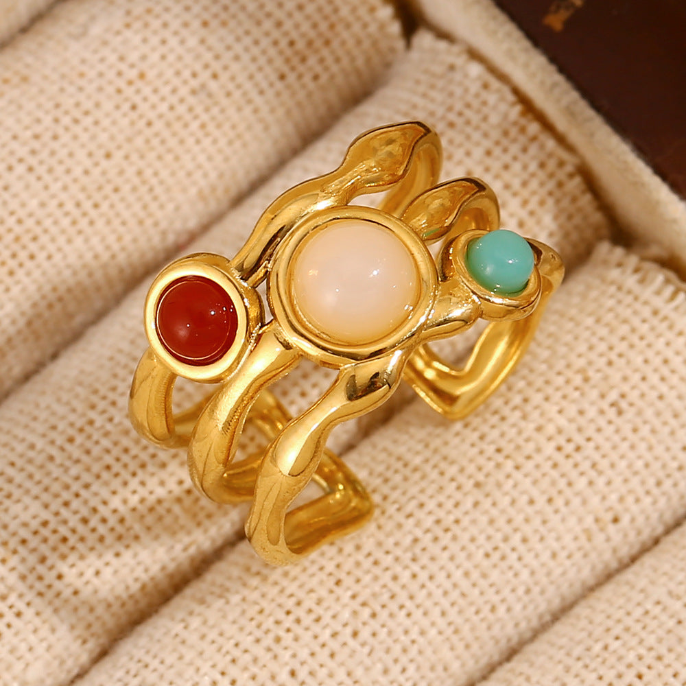Minimalist Geometric Stainless Steel Ring with 18K Gold Plating and Multicolor Gemstone Accents for Women