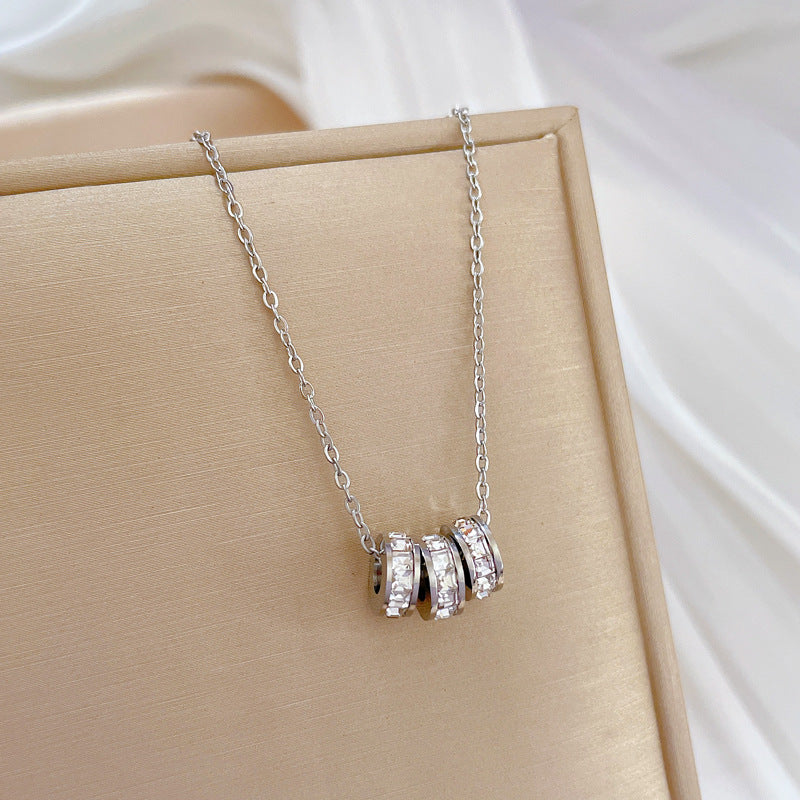 Minimalist Titanium Steel Geometric Triple Hoop Rhinestone Pendant Necklace for Unisex
