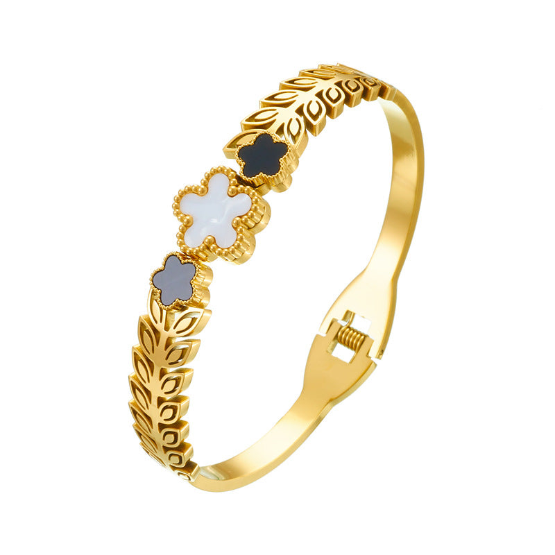 Bracciale vintage minimalista da lavoro placcato in acciaio inossidabile con motivo floreale e spiga di grano