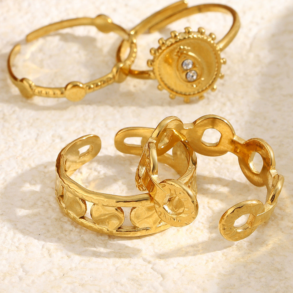 Elegant Luxury 18K Gold Plated Stainless Steel Round Geometric Rhinestone Open Ring for Women