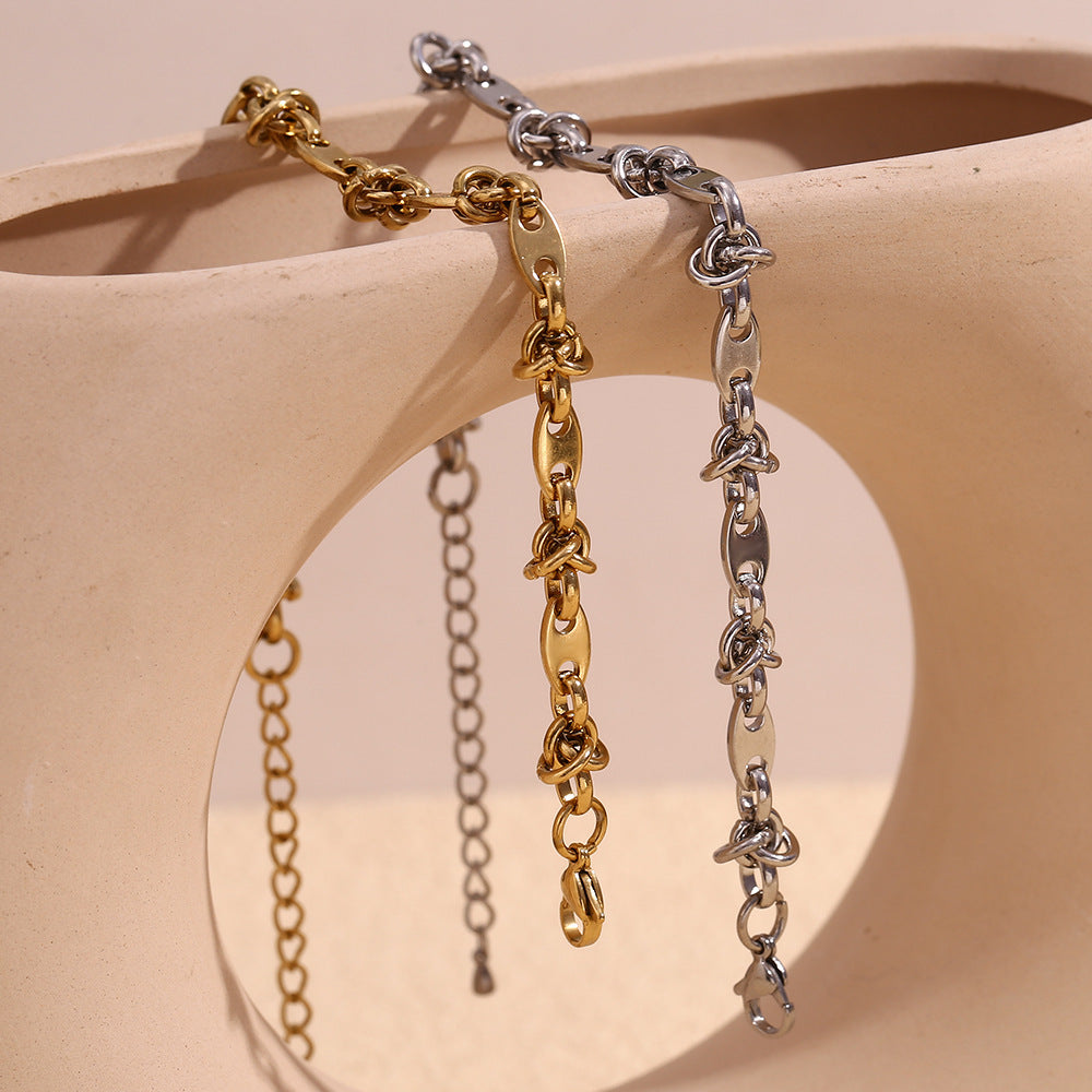 Minimalist Geometric Stainless Steel Plated 14K Gold Coffee Bean Knotted Handmade Anklet for Women