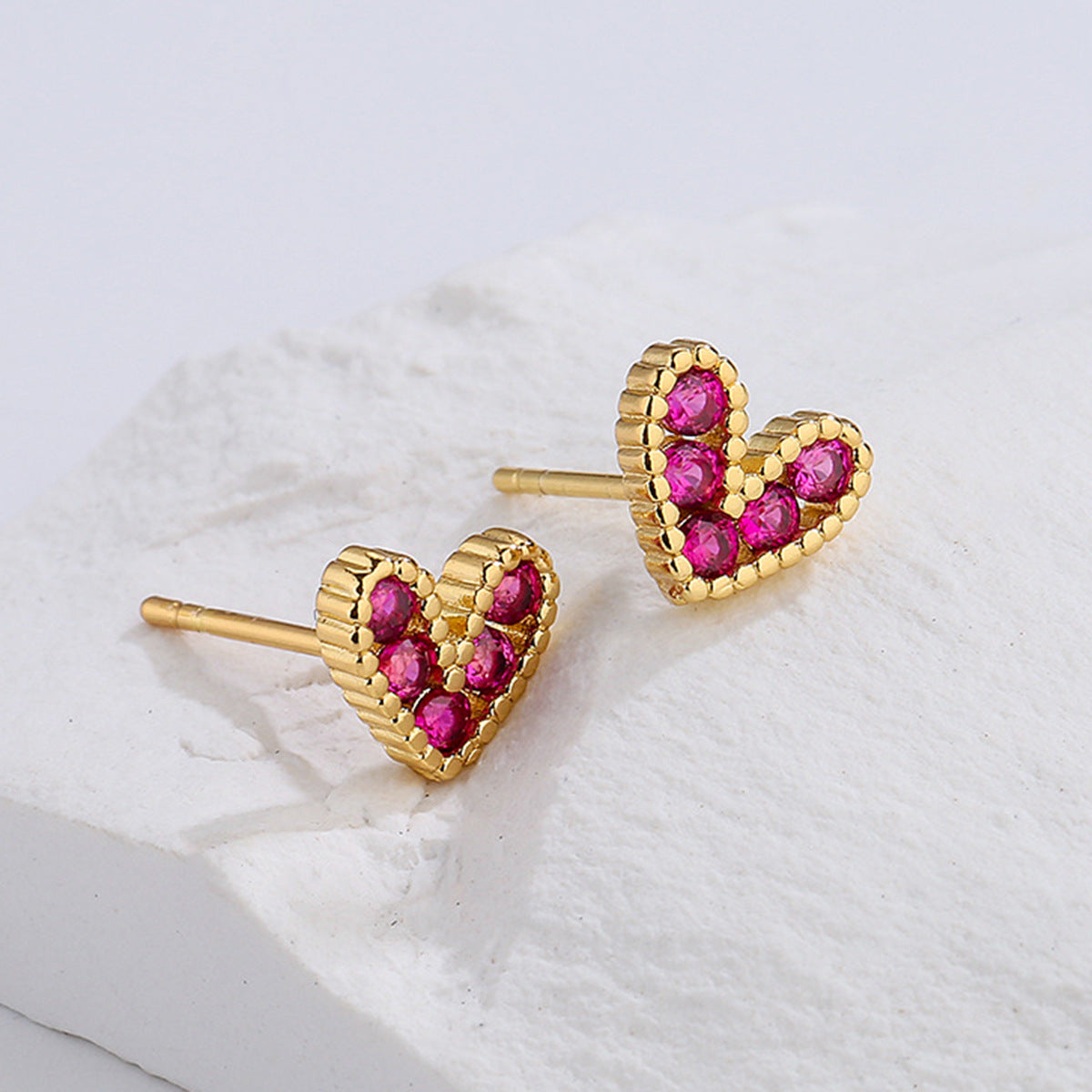 Minimalist 18K Gold Plated Brass Heart Stud Earrings with Cubic Zirconia for Women