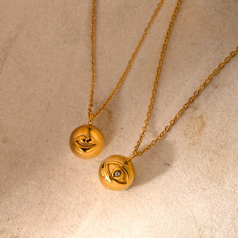 Ins Style Geometric Evil Eye Round Ball Pendant Necklace in Titanium Steel with 18K Gold Plated Stainless Steel Beaded Chain for Women