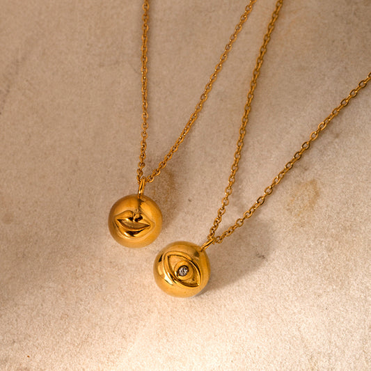 Ins Style Geometric Evil Eye Round Ball Pendant Necklace in Titanium Steel with 18K Gold Plated Stainless Steel Beaded Chain for Women