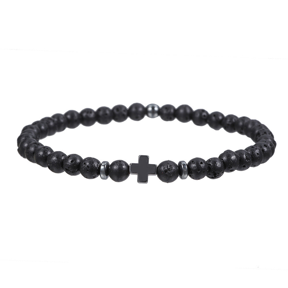 Men's Matte Hematite Cross Bracelet with Volcanic Stone and Turquoise Beads Unisex Geometric Jewelry
