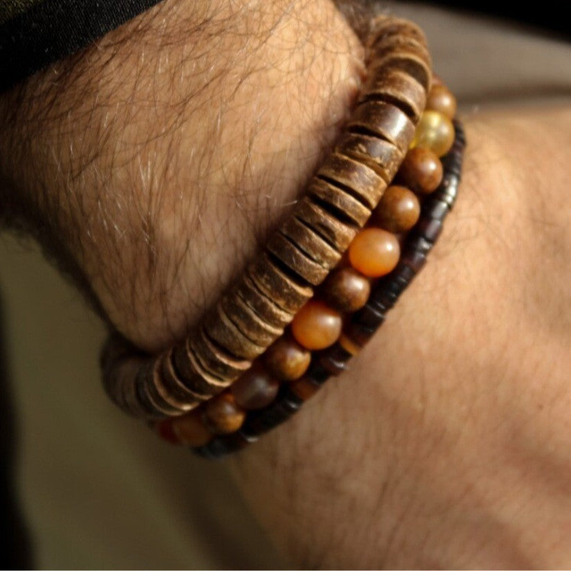 Vintage Round Wood and Agate Beaded Bracelet for Men and Women