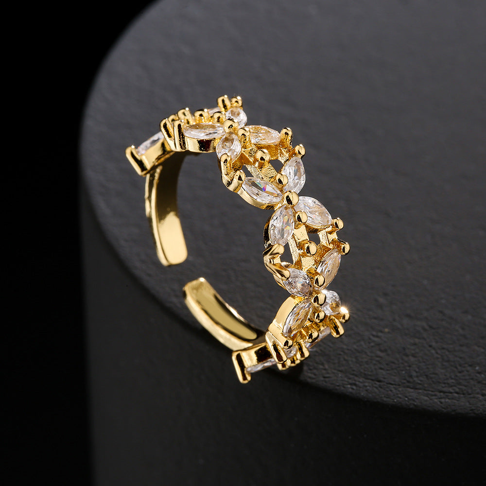 Minimalist Geometric Open Ring for Women Made of Brass with 18K Gold Plating and Micro-Paved Zirconia