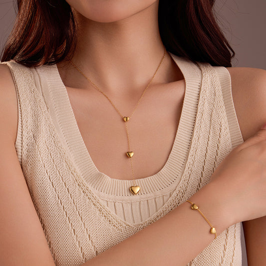 Fashionable Heart-Shaped Stainless Steel Pendant Necklace with Tassel Detail, Gold-Plated 18K Finish, for Women
