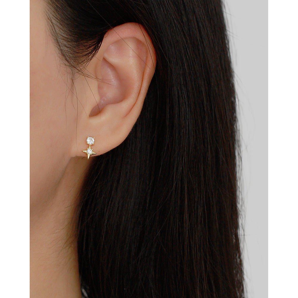 Minimalist 925 Sterling Silver Geometric Star Stud Earrings with Rhinestone Inlay