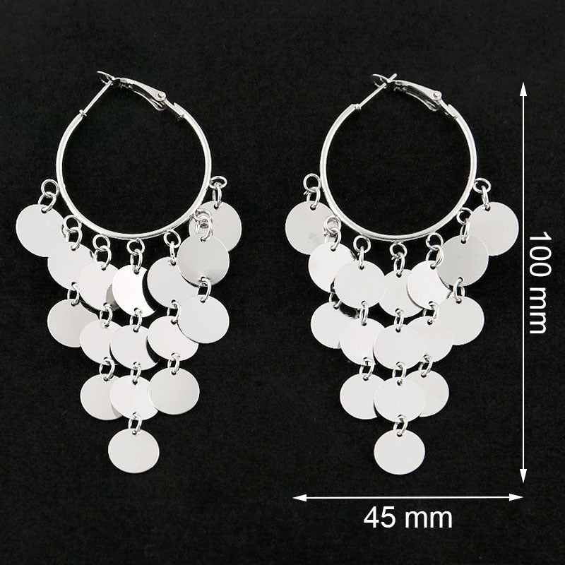 Minimalist Geometric Round Alloy Plated Tassel Earrings with Sequins
