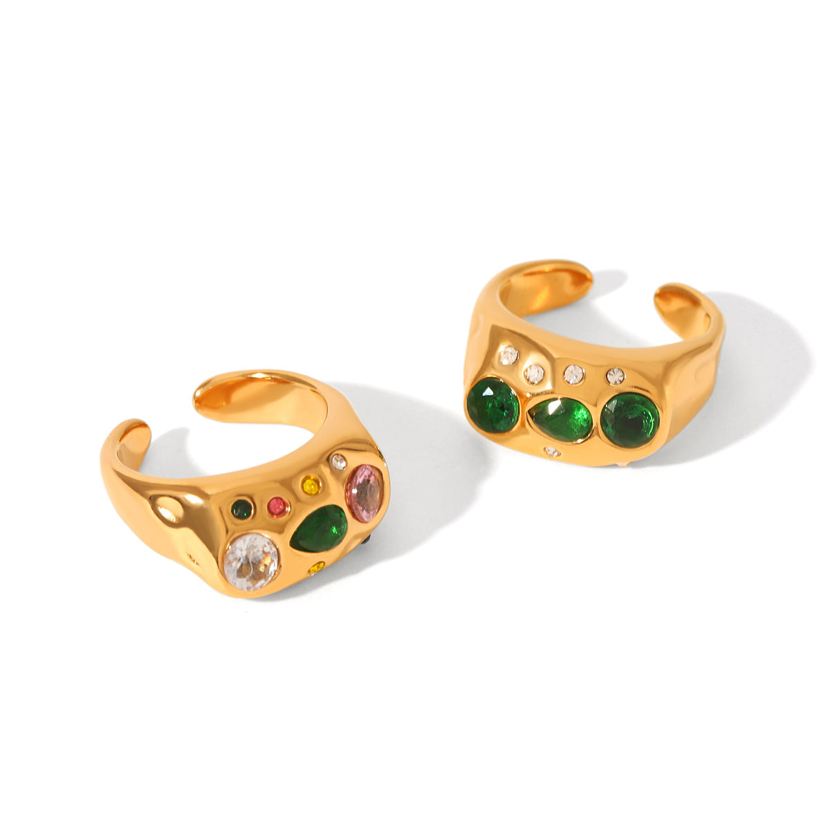 Ins Style Irregular Hammered Textured Stainless Steel Ring with Zircon Inlay for Women