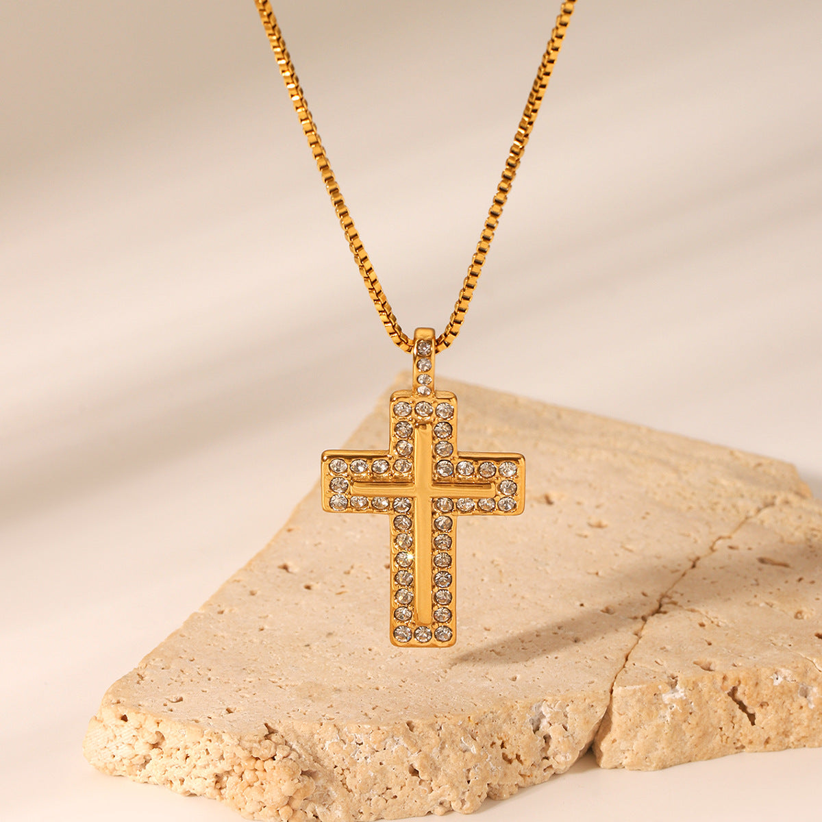 Trendy Geometric Cross Pendant Necklace 18K Gold Plated Stainless Steel Box Chain Rhinestone Inlay Women Jewelry