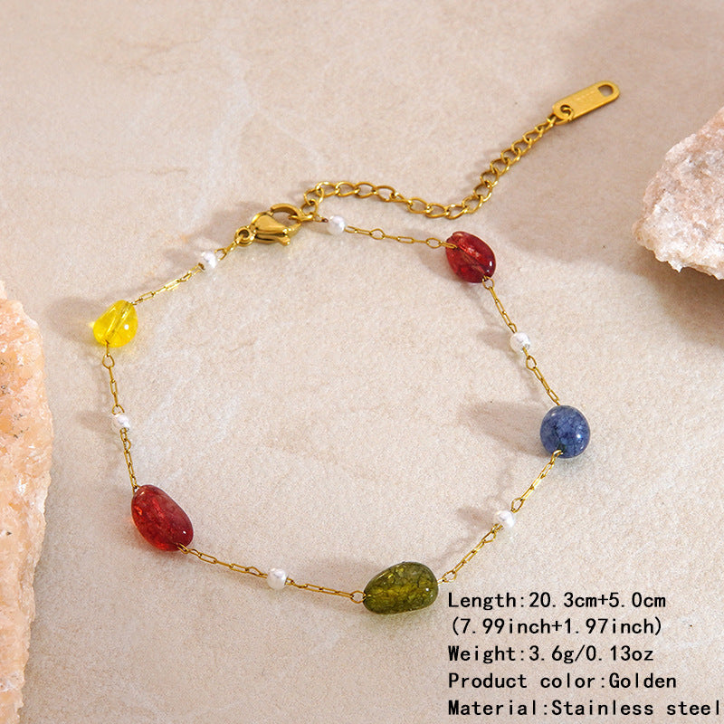 Set di collana e bracciale in acciaio inossidabile placcato oro 18K con design floreale rotondo, minimalista e grazioso, con perline di cristallo da donna