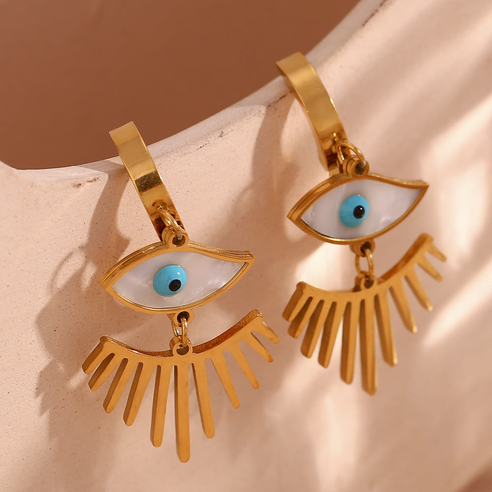 Fashionable Geometric Stainless Steel Ear Cuffs with 18K Gold Plating and White Abalone Inlay Shaped Like Eyes for Women