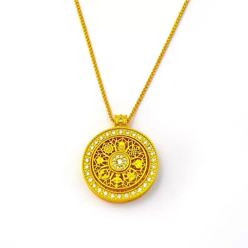 Vintage Chinese Style Hollow Eight Treasures Compass Pendant Necklace for Women Titanium Steel with Gold Plated Copper Charm and Choker Chain