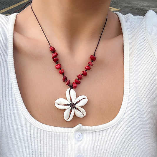 Vintage Bohemian Floral Imitation Pearl Shell Chip Handmade Necklace for Women