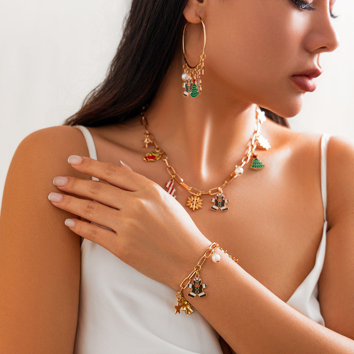 Collana con Pendente a Nappa a Campana e Albero di Natale da Donna in Lega con Finitura Placcata, Design a Stella e Geometrico