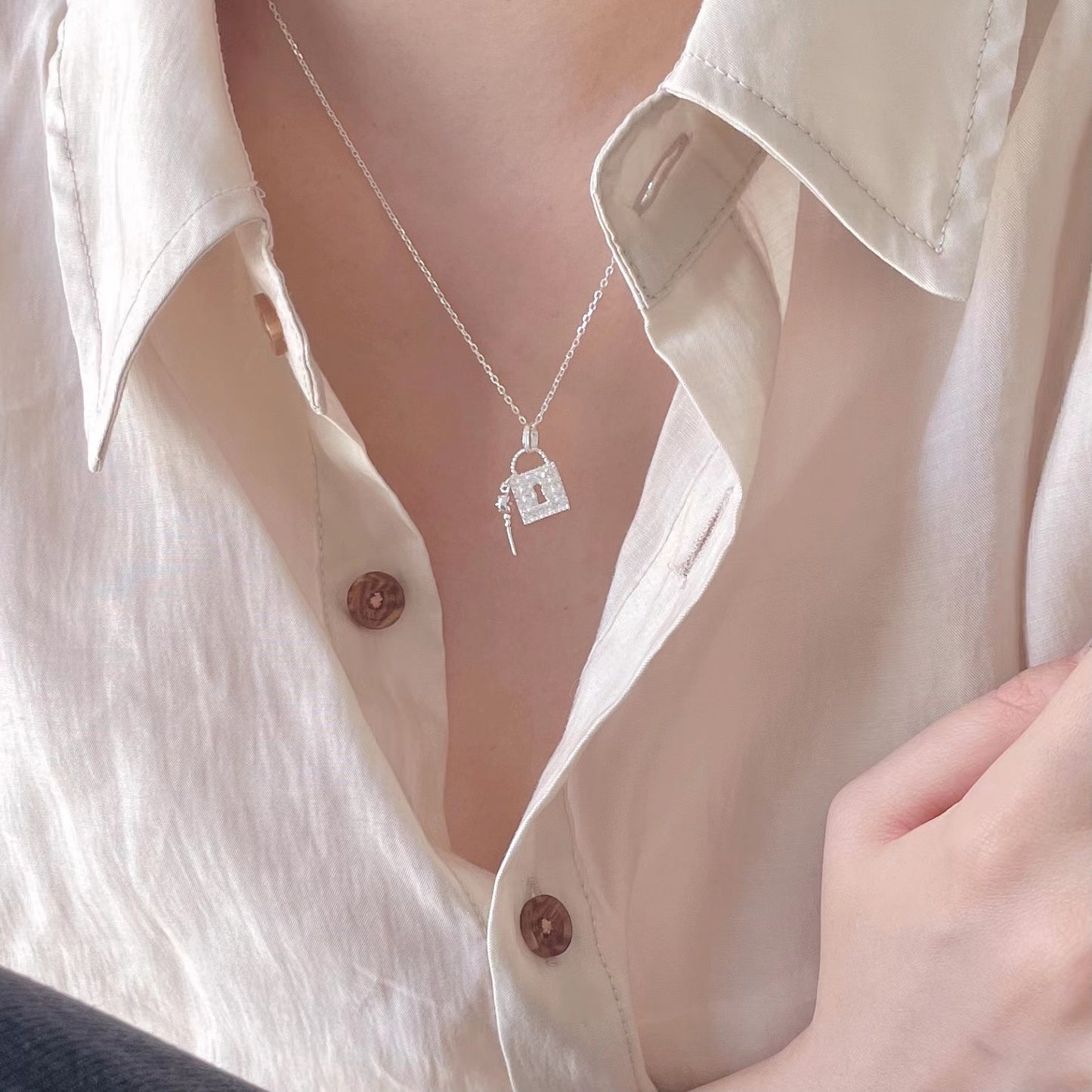 Minimalist Key and Lock Pendant Necklace in 925 Sterling Silver with Polished Finish for Women