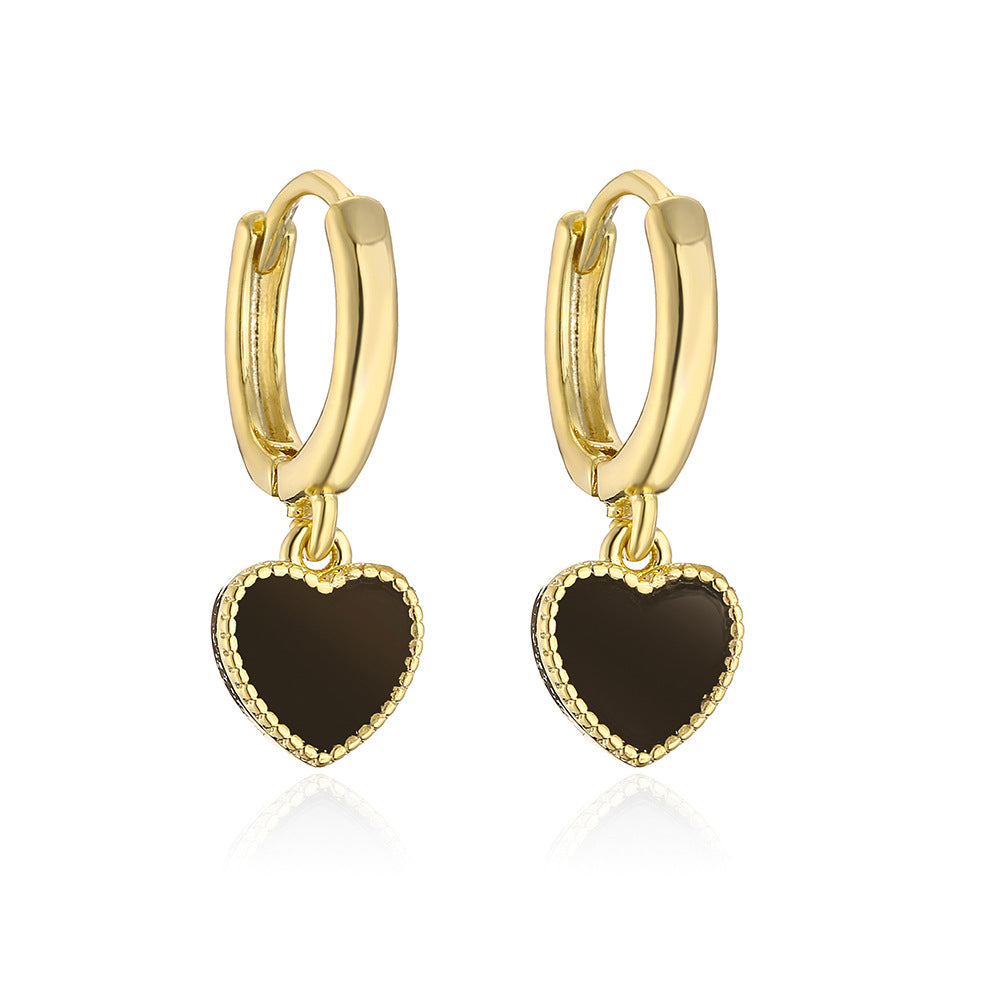 Orecchini pendenti da donna eleganti alla francese a forma di cuore, in mini smalto nero, realizzati in rame con placcatura in vero oro