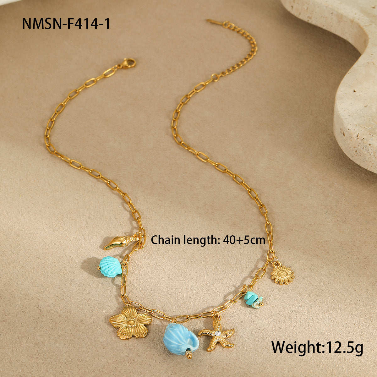Fashionable Ocean-Themed Necklace with Starfish and Seashell Pendant, Geometric Design, Stainless Steel, Electroplated Finish, for Women