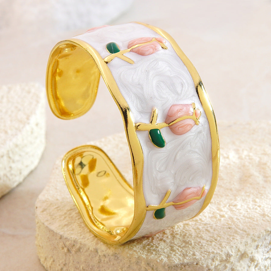 Elegant Stainless Steel Drip Oil Enamel Tulip Cuff Bracelet for Women