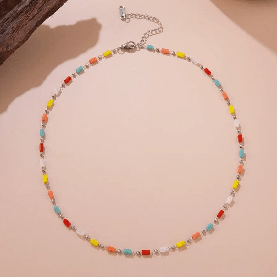 Minimalist Luxury Geometric Round Stainless Steel PVD 18K Gold Plated Colorful Beaded Necklace for Women