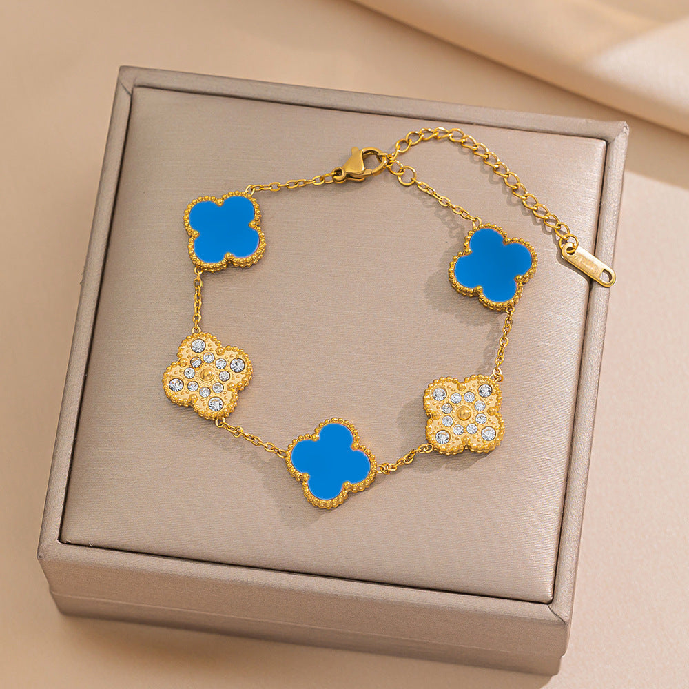 Elegant Four-Leaf Clover Bracelet in Titanium Steel with Rhinestone Inlay, Dual-Wear Design for Women and Men, Electroplated for Hypoallergenic Wear
