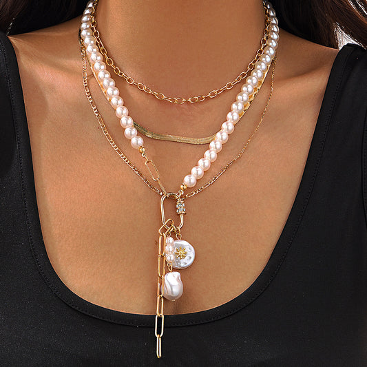 Collar de mujer multicapa con perlas de estilo barroco y cadena de serpiente, colgante geométrico, incrustaciones de diamantes de imitación, cadena de suéter asimétrica en capas