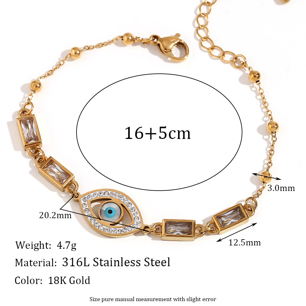 Bracciale da donna in acciaio inossidabile placcato oro 18 carati con occhio di Allah, design geometrico vintage e intarsi in pietra naturale