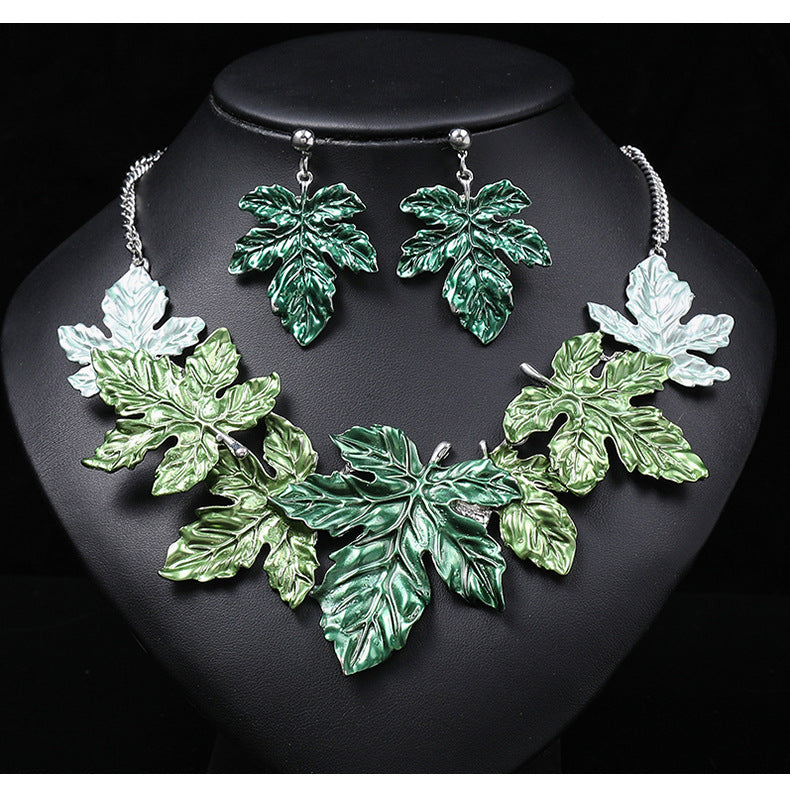 Exaggerated Vintage Maple Leaf Enamel Alloy Necklace and Earrings Set with Leaf Motif for Women