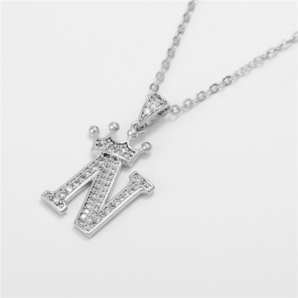 Minimalist Crown Letter Cubic Zirconia Micro-inlay Brass Necklace with Cable Chain