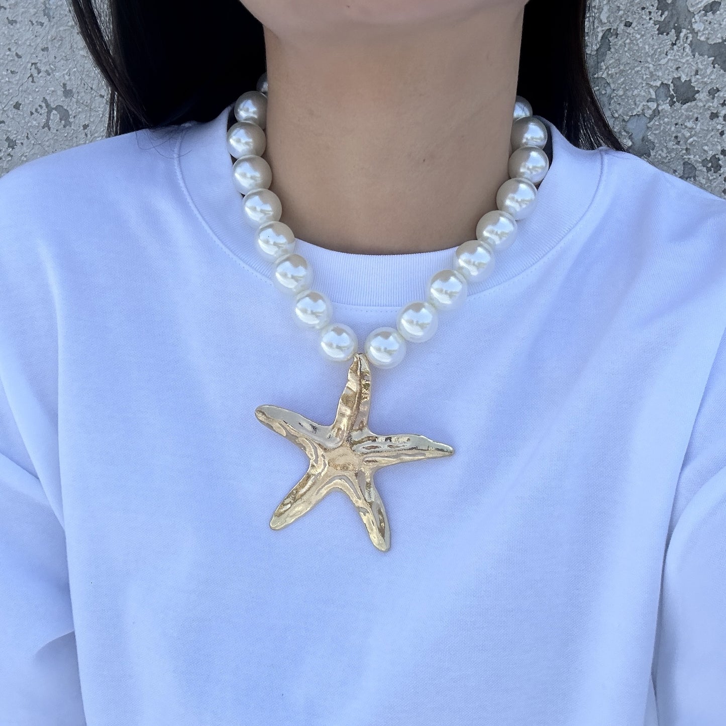 Ocean Style Imitation Pearl Starfish and Conch Pendant Alloy Ball Chain Necklace for Women